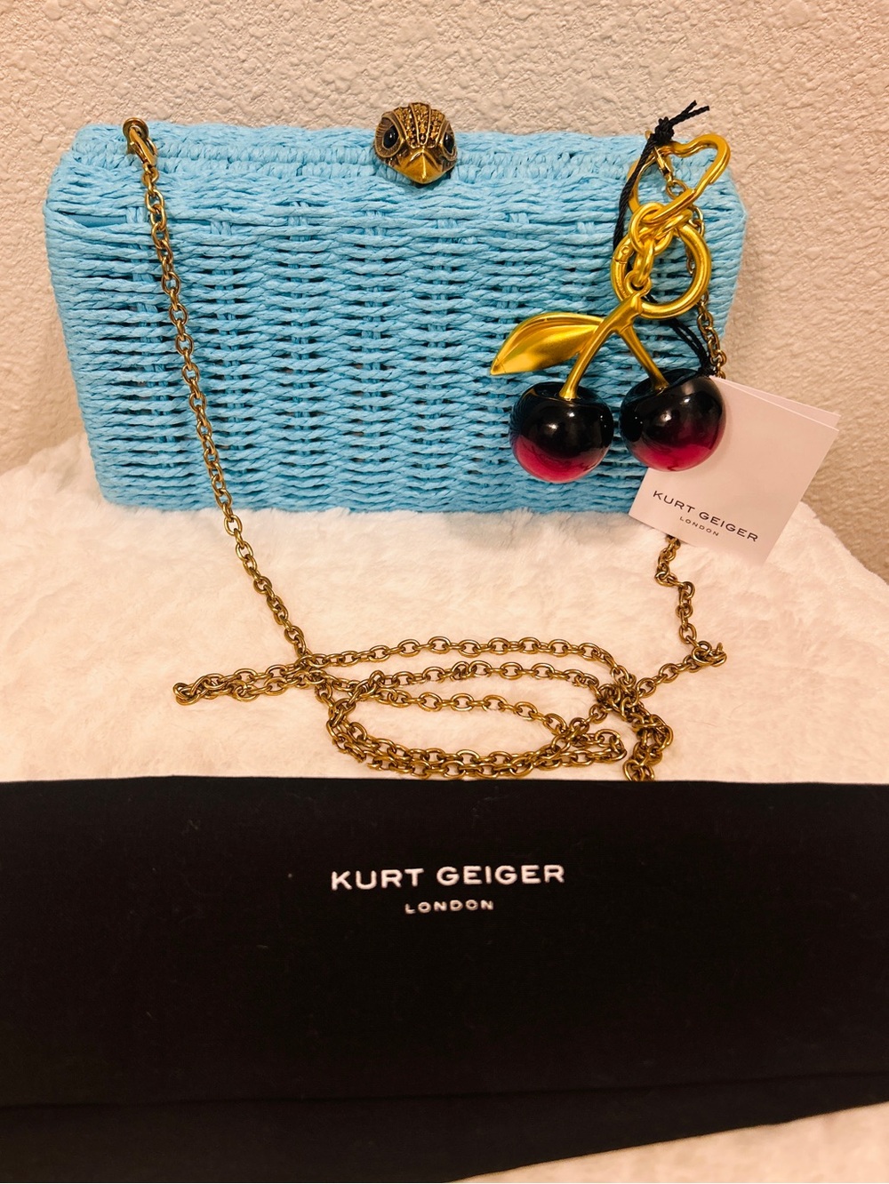 Kurt Geiger Blue Woven Frame Clutch Crossbody w/ dust bag & Cherry Charm NWT